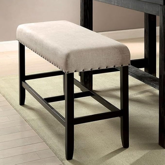 Rustic Farmhouse Counter Height Bench, Beige Linen & Antique Black Nailhead Trim - Solid Wood Dining Room Bench for Kitchen Island
