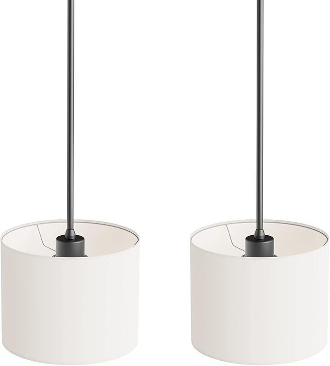 Electro bp;9" Dia White Linen Drum Shade Hanging Pendant Light Fixture with Black Pole Kit,E26,Hardwired,2-Pack;