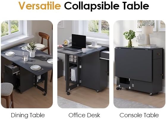 LotFun Folding Dining Table, Space Saving Table with 6 Wheels, Movable Kitchen Dining Table for Small Spaces, Drawer and 2-Tier Storage Racks