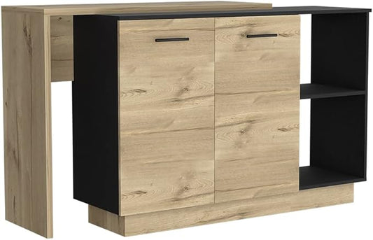 GOWE Kitchen Island, Double Door Cabinets, Two External Shelves, Three Shelves, Black/Light Oak