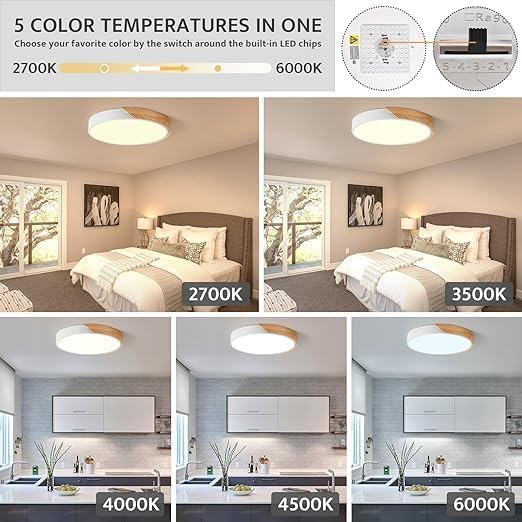 Vikaey Modern Dimmable Wood Ceiling Light, Minimalist LED 5CCT 2700K-6000K Flush Mount Ceiling Light Fixture, Round Lighting Lamp for Bedroom Living Room Dining Room Laundry, White, 15.8"