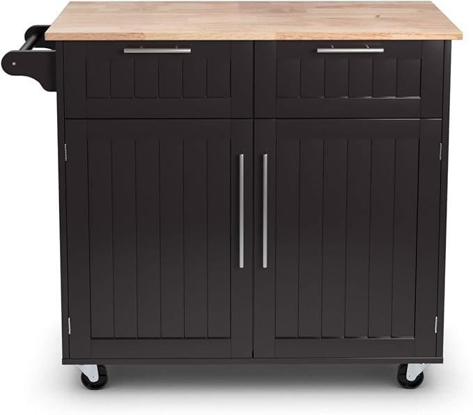 Giantex Kitchen Island Cart, Rolling Island Table with Rubber Wood Tabletop, 2 Drawers, Storage Cabinet & Towel Rack, Bar Kitchen Cart On Wheels for Dining Room (Brown)