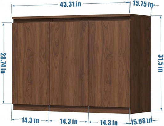 holzart 43" Walnut Brown Buffet Cabinet Sideboard with Storage - Modern 3-Door Wood Grain Kitchen Cupboard & Coffee Bar Station for Dining Room, Living Room - Adjustable Shelf, 43.3" W x 31.5" H