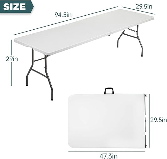 FDW 8 Foot Outdoor Dining Table, Foldable Portable Rectangular Plastic Folding Table with Built in Carrying Handle for Party and Wedding Use, White