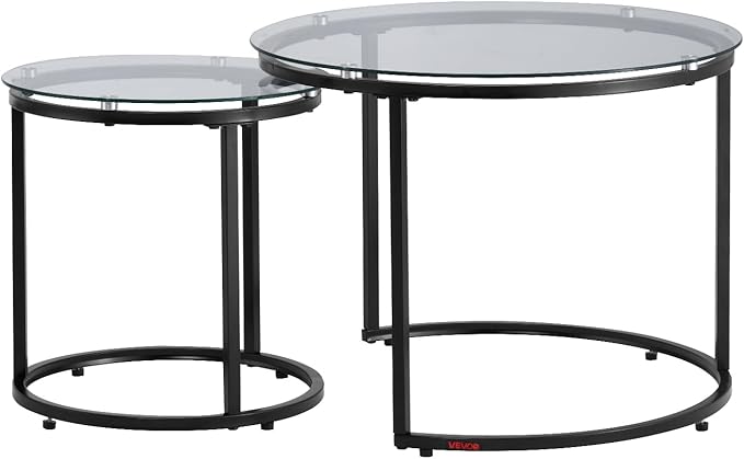 VEVOR Nesting Coffee Table Set of 2, 23.6 in Round Coffee Table, Glass Nesting Tables for Small Place, Modern End Side Tables Night Stand with Metal Frame, for Living Room, Bedroom, Balcony, Office