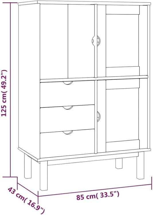Solid Pine Wood Highboard, Brown and White Buffet Cabinet with Drawers, 33.5 x 16.9 x 49.2 Inch Tall Storage Cabinet for Living Room, Rustic Furniture Kitchen Furnitur