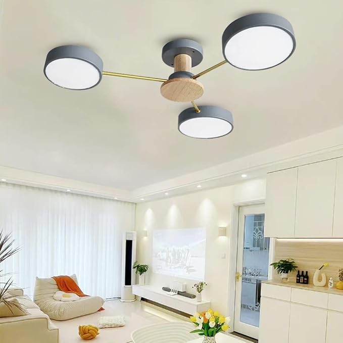 LED Ceiling Light Fixture,26 Inch 3-Lights Modern Ceiling Lights Flush Mount Wooden 24W Dimmable Chandelier for Living Room Bedroom Kitchen,3000K/4000K/6000K Temperatures Selectable Grey