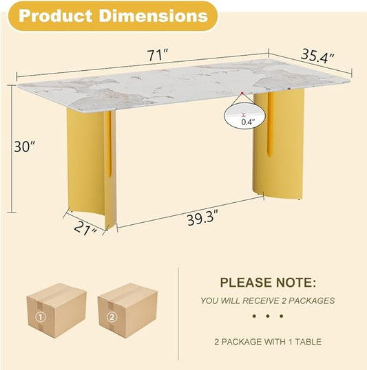 gopop Modern Dining Table for 6,71'' Faux Marble Kitchen Table with Gold Stainless Steel Base,Rectangular Gold Dinner Table Ideal for Kitchen Home Office