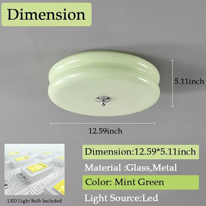 Bofea- French Retro Semi Flush Ceiling Light, Mint Green Glass LED Round Ceiling Lamp, Nordic Minimalism Flush Green Glass Light for Bedroom Corridor&Dining Room