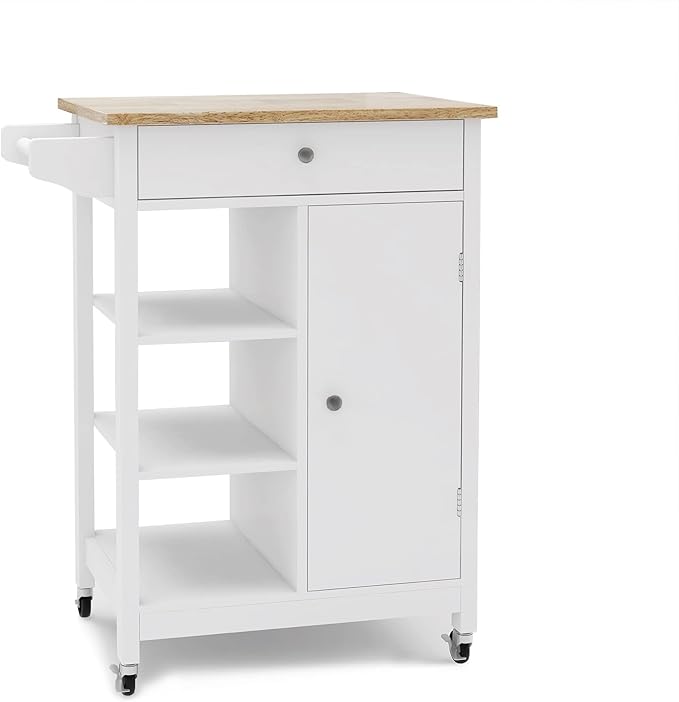Modern Dining Table Kitchen Island Rolling Trolley Cart with Shelves, Drawer, Doors, Towel Rack & Seasoning Rack - Rubber Wood Table Top for Dining Room,White-MDF