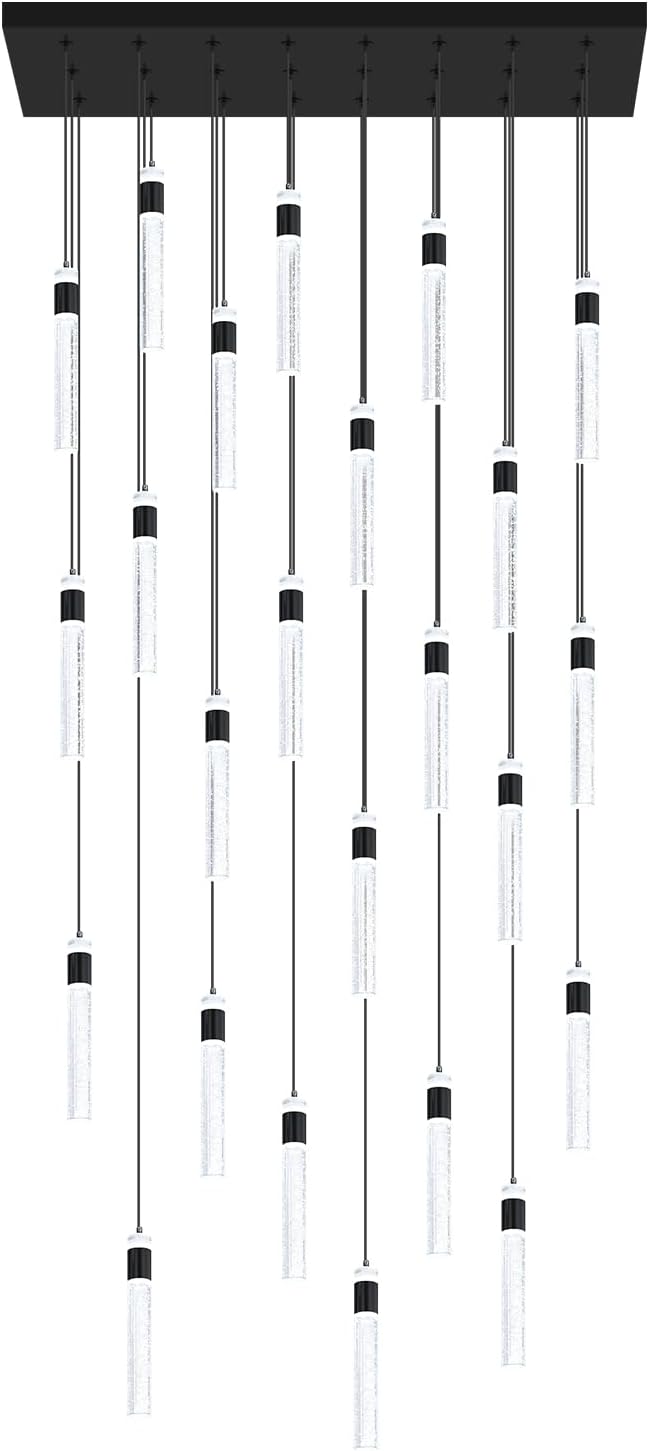 Glam Rectangular Crystal Column Chandelier for High Ceiling 24-Lights Black LED Dimmable Long Crystal Chandelier for Foyer Living Room Adjustable Height