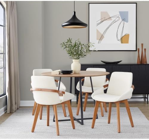 Mid Century Modern Chair with Walnut Bamboo Frame, Cream Fabric Upholstered Foam Padded Seat and Backrest for Kitchen Island Dining Room Accent Chair