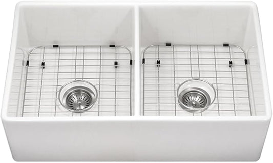 Houzer Platus White Fireclay Kitchen Sink: 33 Inch Apron Front Farmhouse 50/50 Double Bowl Sink with Strainer & Grids, Durable & Versatile, Essential for Home & Apartment: PTD-4400 WH-C