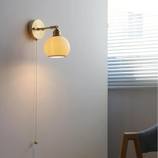 Vintage Wall Light Fixtures Ceramic Wall Lamp with White Globe Shade Gold Brass Wall Sconces Pull Chain Switch Wall Light for Bedroom Living Room Study Aisle