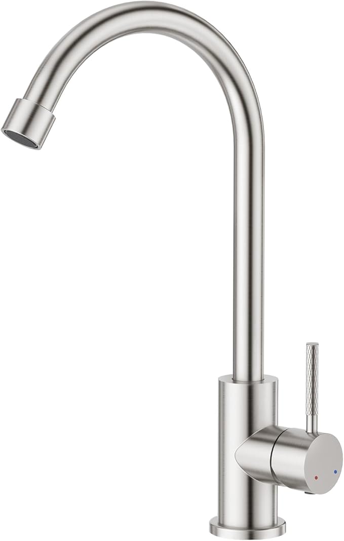 CREA Brushed Faucet for Kitchen Bar Outdoor Sink 1 Hole 3Holes(with Deck Plate),High Arc 360°Swivle Single Handle Tap Brushed 304 Stainless Steel