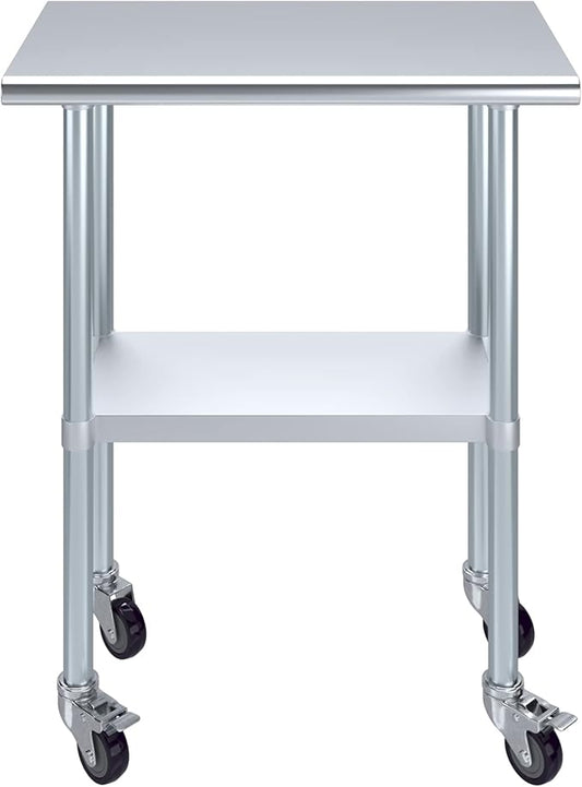 Stainless Steel Work Table with Wheels | NSF Kitchen Island Food Prep | Laundry Garage Utility Bench (Table + Wheels, 30" Long x 18" Deep)