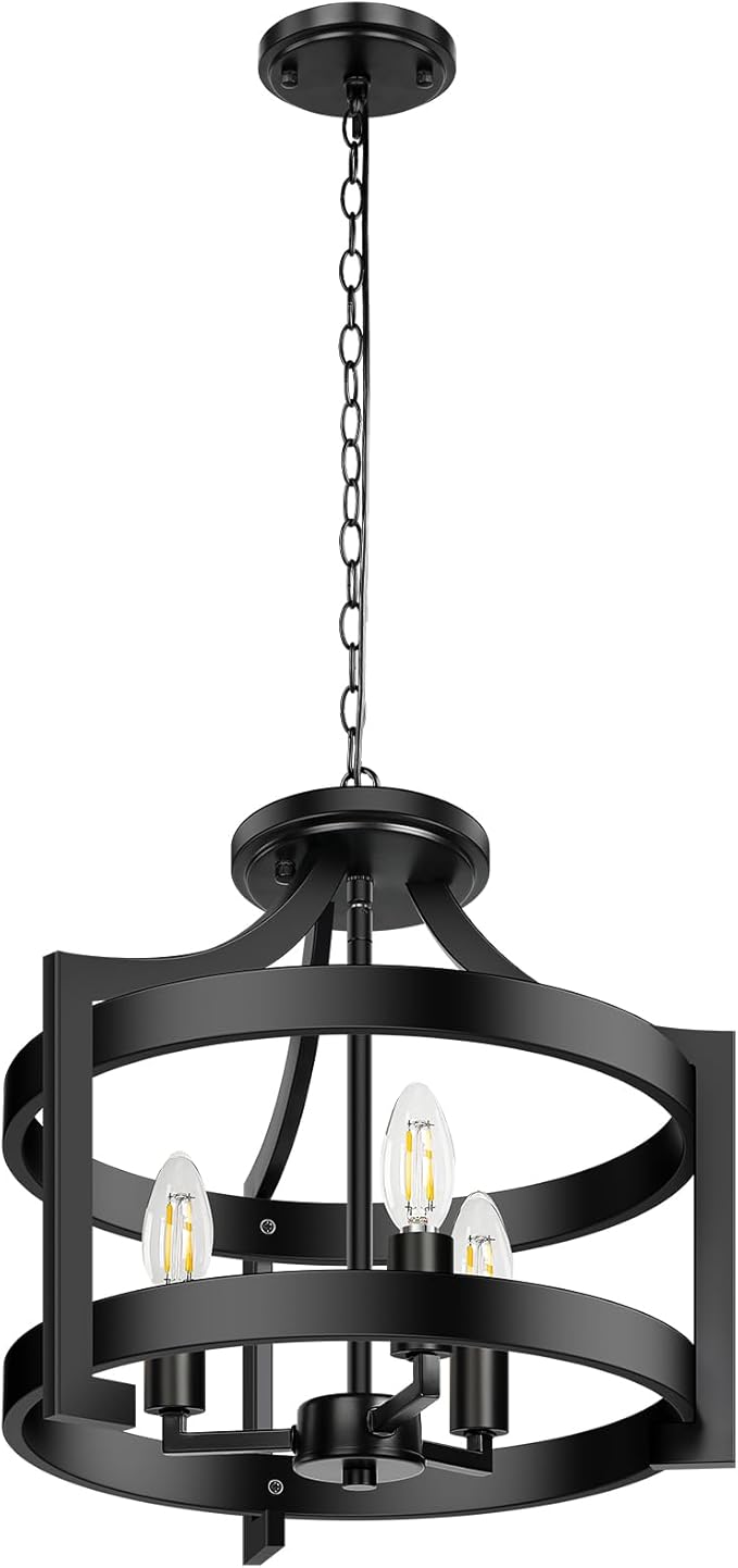 14.5in 3-Light Farmhouse Chandelier, Pendant Hanging Lighting Adjustable Height, Convertible Vintage Semi Flush Mount Ceiling Light Fixture, Rustic Black Chandeliers for Dining Room Foyer Entryway
