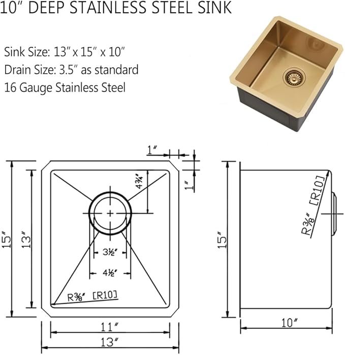 Gold Bar Sink, 13 x 15 Inch Undermount Kitchen Sink Small Wet Bar Prep 16 Gauge Stainless Steel RV Kitchen Single Bowl Basin