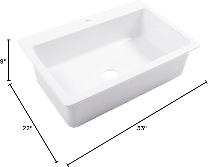 Sinkology Jackson 33 Inch White Fireclay Drop-In Kitchen Sink, Single Bowl, 1 Faucet Hole, Fits 36 Inch Cabinet, Surefire Finish