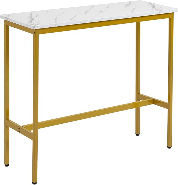 44.5" Bar Table, Pub Table with Adjustable Feet Floor Protector, Narrow Rectangular Kitchen Counter Bar Tables, Sofa High Top Bar Tables with Gold Metal Legs, White