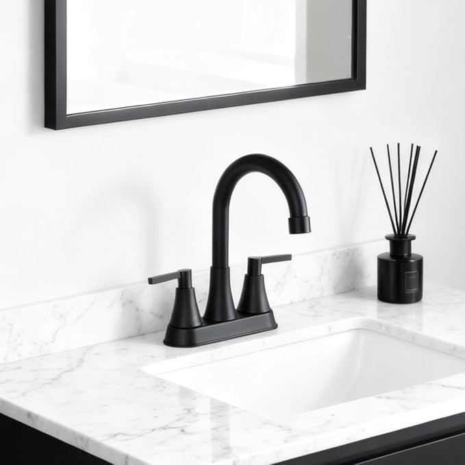 VCCUCINE Bathroom Faucets for Sink 3 Hole, Hurran 4 inch Matte Black with Pop-up Drain and 2 Supply Hoses, Stainless Steel 2-Handle Centerset Faucet for Sink Vanity
