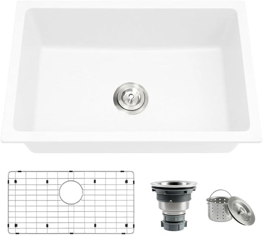 MILOSEN White Undermount Kitchen Sink, 30"x18" Granite Composite Single Bowl Kitchen Sinks, 9" Deep Large Undermount/Drop In Sink with Accessories, White Quartz Kitchen Sinks for Modern Kitchen