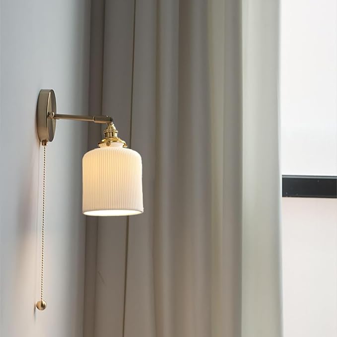 Vintage Wall Sconce Light Ceramic Wall Lamp with Pull Chain Switch White Ceramic Shade Retro Gold Brass Wall Lighting for Bedroom Kitchen Sink Farmhouse
