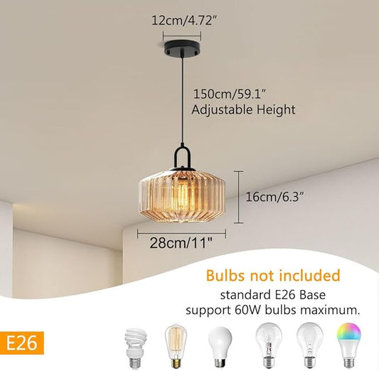 Glass Globe Pendant Light fixtures 1-Lights Black Mid Century Modern Pendant Lights with Amber Hand Blown Glass Shade Ceiling Hanging Lighting for Dining Room Kitchen Ceiling Hanging Light