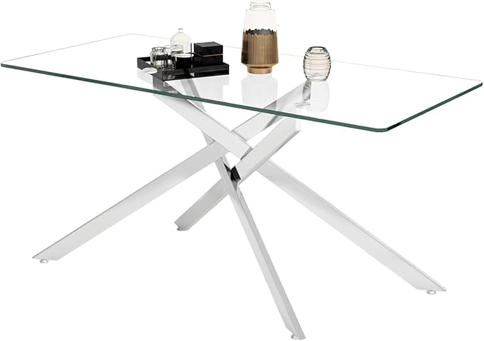 60" Rectangle Dining Table for 6 5 4 People, Modern Dining Table with Silver Chrome Metal X-Shaped Legs, Large Glass Kitchen Tables Family Dinner Tables for Home Office Living Room
