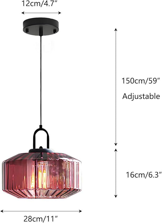 11-Inch Vintage Industrial Ribbed Glass Pendant Light Adjustable Height E26 Hanging Light for Kitchen Island Dining Room Bedroom Living Room Bar (Purple)