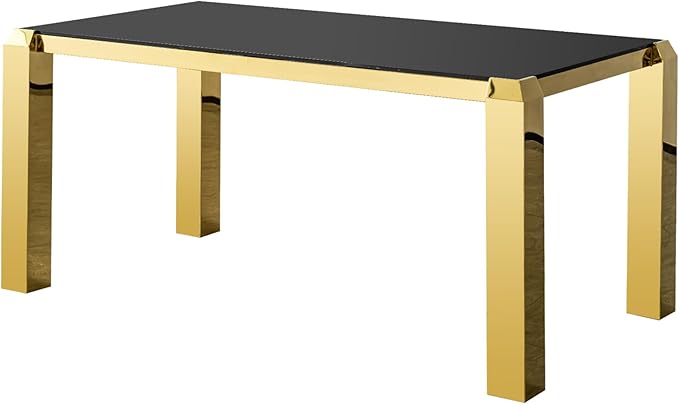 63 Inch Luxury Gold Dining Table for 4-6 People, 10mm Thick Rectangular Black Tempered Glass Top with Stainless Steel Base, Modern Kitchen Table for Dining Room
