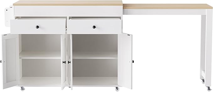 Polibi 74.5 Inch Kitchen Island with Extendable Dining Table, Rolling Storage Cart on Wheels, 2 Drawers & 4-Door Cabinet with Spice Rack, White