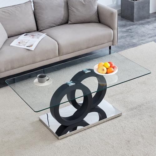 Donext 47.2"x25.6"x17.8" Modern Glass Top MDF Coffee Table, Black Base, Easy Assembly, Suitable for Living Room Lounge Coffee Table