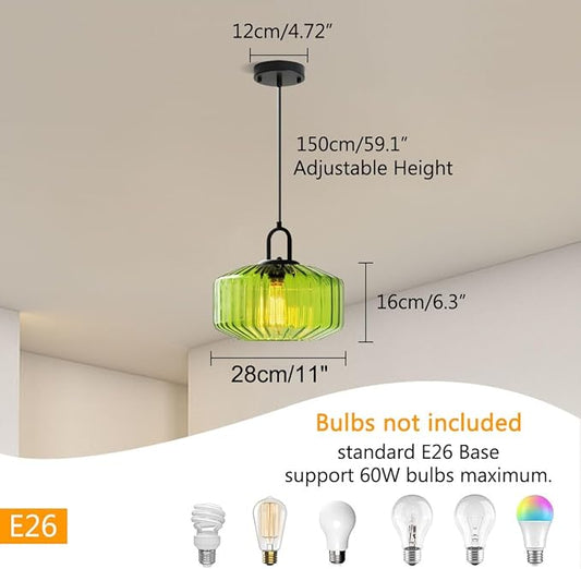 Green Glass Pendant Light Fixture Modern Hand Blown Pendant Lights with Large Glass Shade, Mid Century Pendant Light Green Globe Hanging Lighting for Dining Bedroom Table Kitchen Island