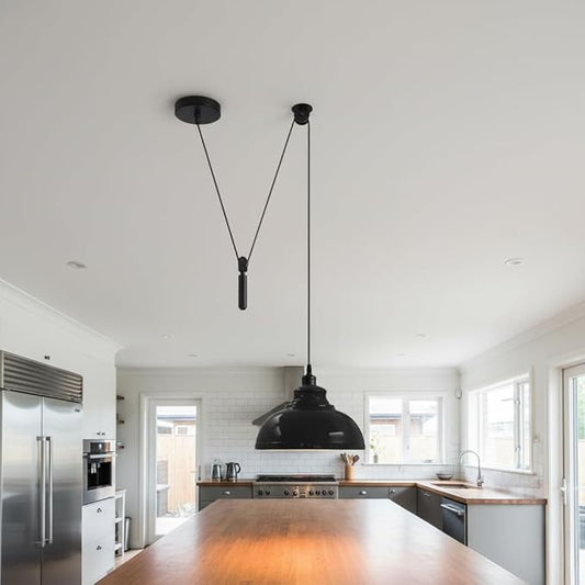 Black Curvy Adjustable Pulley Pendant Light – Retro Industrial E26 Hanging Ceiling Lamp Fixture for Kitchen Island, Dining Room, Living Room, Bar & Café Décor (2M, Black)