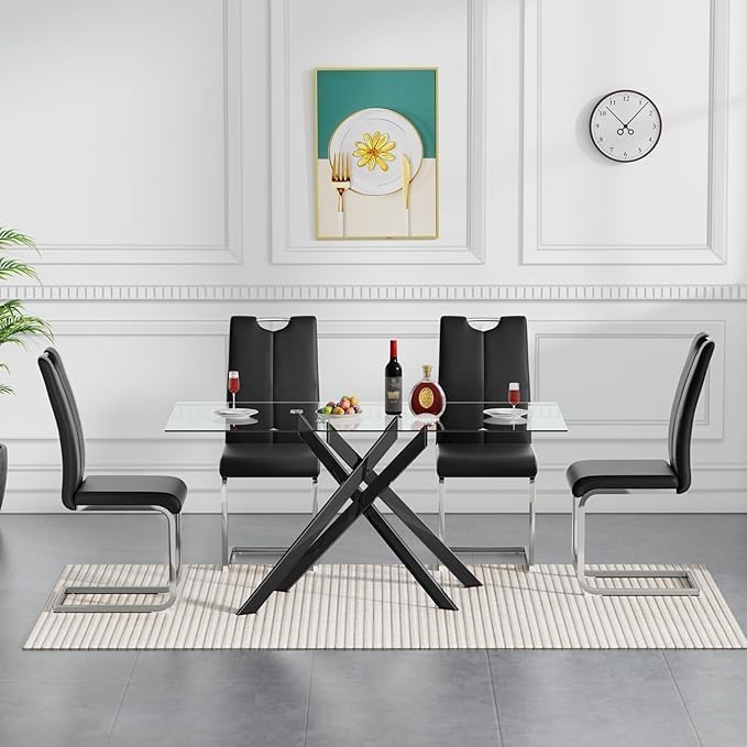 51.18" Rectangular Glass Dining Table, Tempered Glass Small Kitchen Table with Metal Tubular Legs, Stylish and Sturdy Clear Dinner Table for Home and Outdoor