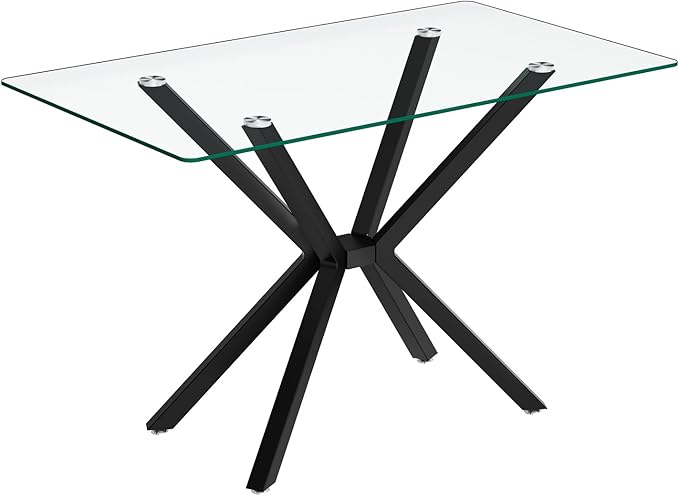 47'' Modern Glass Dining Table for 2-4 People, Rectangular Dining Room Table with Black Metal Legs, Clear Tempered Glass Top Dining Table for 4, Compact Space Dinner Kitchen Table for 4