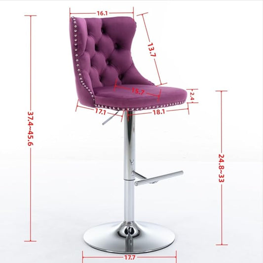 Premium Velvet Upholstered Swivel Bar Stool with Adjustable Height and Tufted Backrest for Kitchen Island, Home Bar, and Dining Space (Purple + Velvet + Foam)