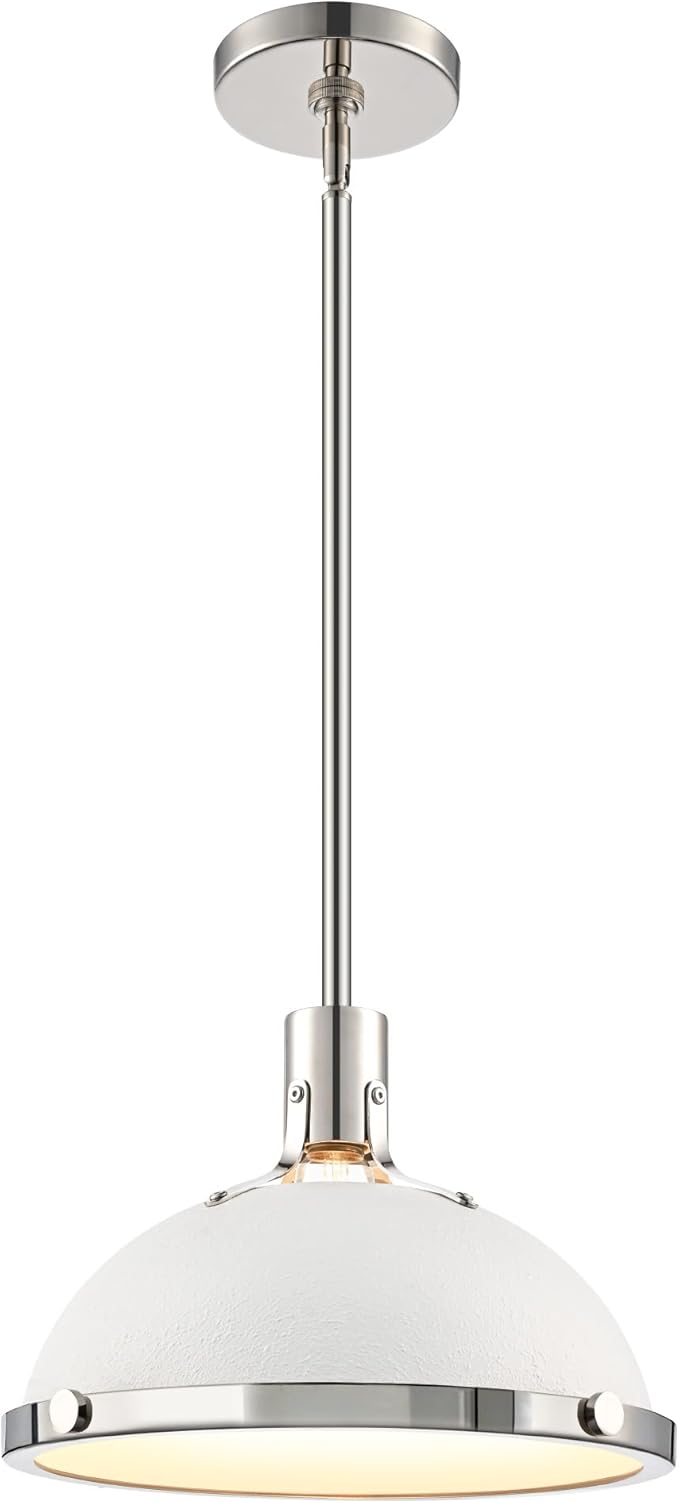 12.7 Inch White and Nickel Modern Pendant Lights, Mid Century Dome Kitchen Island Pendant Lighting, 1-Light Small Ceiling Hanging Light Fixture with Opal Glass Diffuser, Over Sink Table Bar