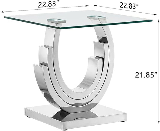 HomVent 22.83" Glass End Table, Living Room Tables, Modern Silver Tempered Glass Top Side Tables Bedroom, Square Small Bed Bedside Eating Table Nightstand for Home Office with Stainless Steel Base