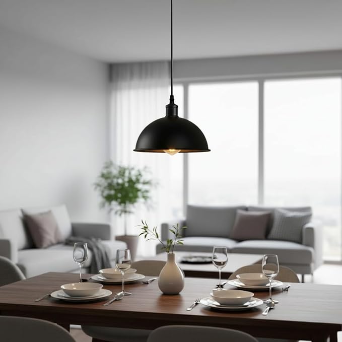 Black Dome Adjustable Pulley Pendant Light β Retro Industrial E26 Hanging Ceiling Lamp Fixture for Kitchen Island, Dining Room, Living Room, Bar & CafΓ© DΓ©cor (2M, Black)