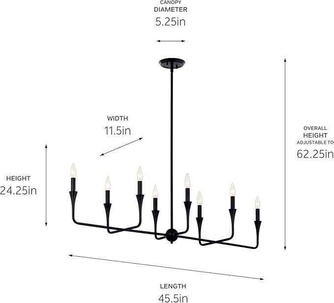 Kichler Alvaro 8-Light Linear Chandelier, Soft Modern Light in Black, for Dining Room or Kitchen (24.25" x 11.5" x 45.5"), 52693BK