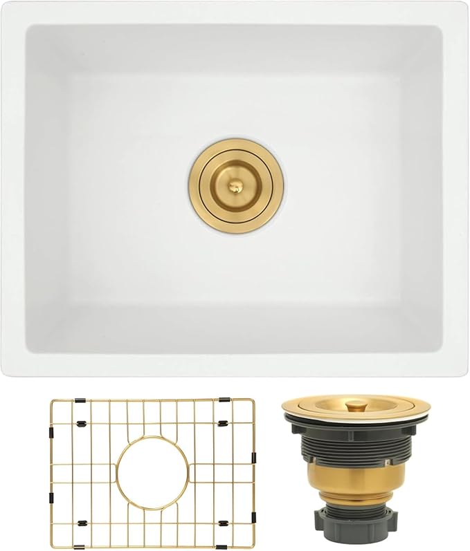 White Bar Sink 18 x 14 Inch, White Granite Composite Undermount Kitchen Sinks, 18 Inch Quartz Stone Kitchen Sink With Gold Sink Drain Assembly and Gold Sink Bottom Grid