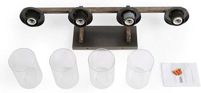 LALUZ Bathroom Vanity Light Fixtures, Farmhouse Vanity Lighting with Clear Glass Shades, Faux Wood, 4-Light, 28’’ L x 6.3’’ W x 8.7’’ H