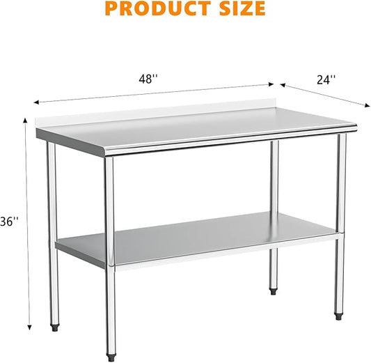 ROVSUN 48'' x 24'' Stainless Steel Table for Prep & Work,Commercial Worktables & Workstations, NSF Heavy Dut Metal Table with Adjustable UnderShelf & Backsplash for Kitchen,Restaurant,Home,Hotel