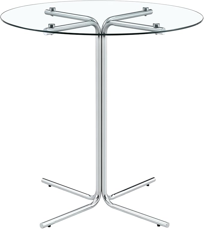 36" Round Counter Height Table, Tempered Glass Top with Silver Metal Base, Modern Pub Table for Kitchen, Bar & Small Spaces