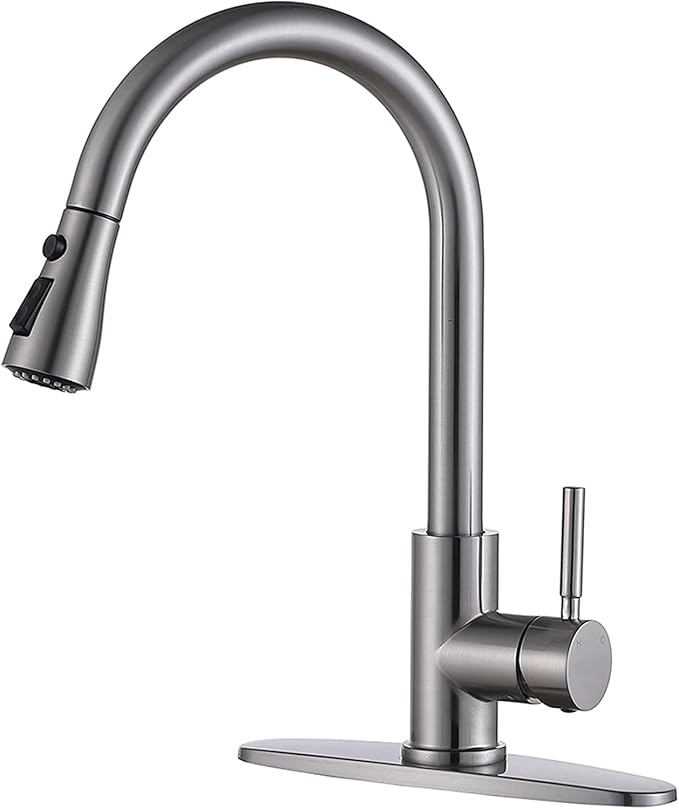 SHACO Kitchen Faucets, Kitchen Sink Faucet with Pull Down Sprayer, Brushed Nickel Stainless Steel Single Handle Pull Out Faucet for Kitchen Sink, SC-KYT010L-D