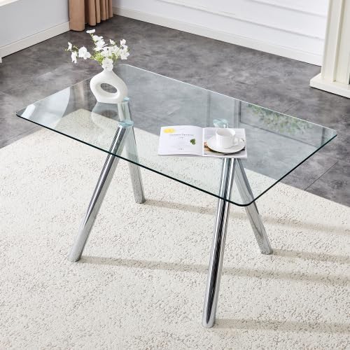 Donext 51" Rectangular Tempered Glass Dining Table, Sturdy Metal Legs,Modern Kitchen Dining Room Table, Easy to Clean, White