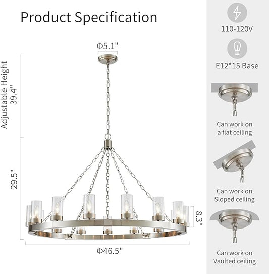 WUZUPS 15-Light Wagon Wheel Chandelier Large Rustic Farmhouse Industrial Round Pendant Light Fixture with Clear Seeded Glass Shades for Dining Room Kitchen Island, H 29.5" x W 46.5", Brushed Nickel