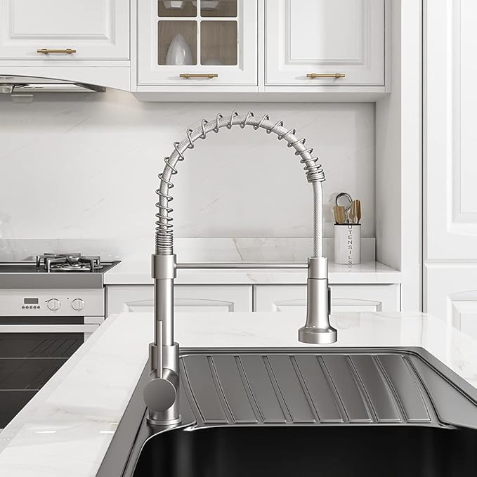 OWOFAN Kitchen Faucet with Pull Down Sprayer Brushed Nickel Stainless Steel 1 Handle Pull Out Spring Sink Faucets 1 Hole Or 3 Hole Dual Function for Farmhouse Camper Laundry Utility Rv Wet Bar